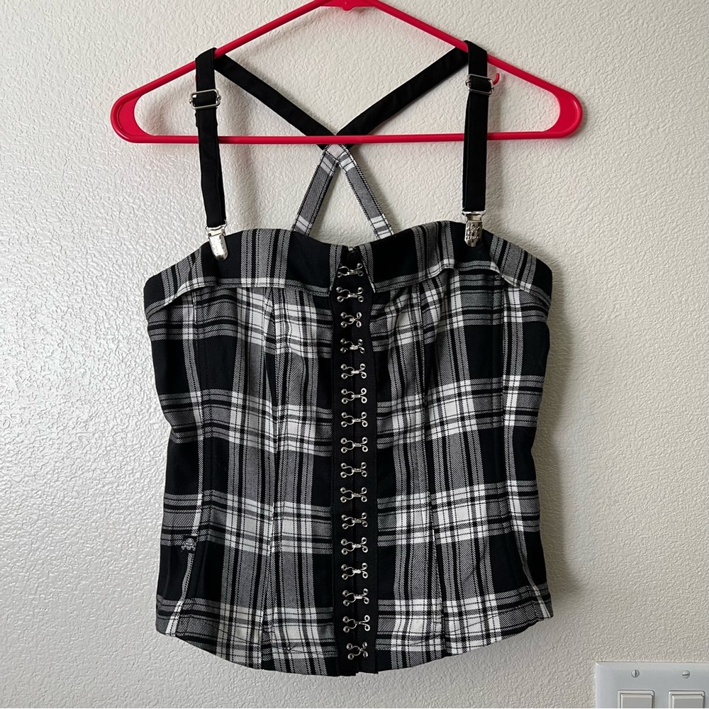 Vintage Y2K Hot Topic Tripp NYC Black Plaid Corset Hook & Eye Halter Top - Sz M